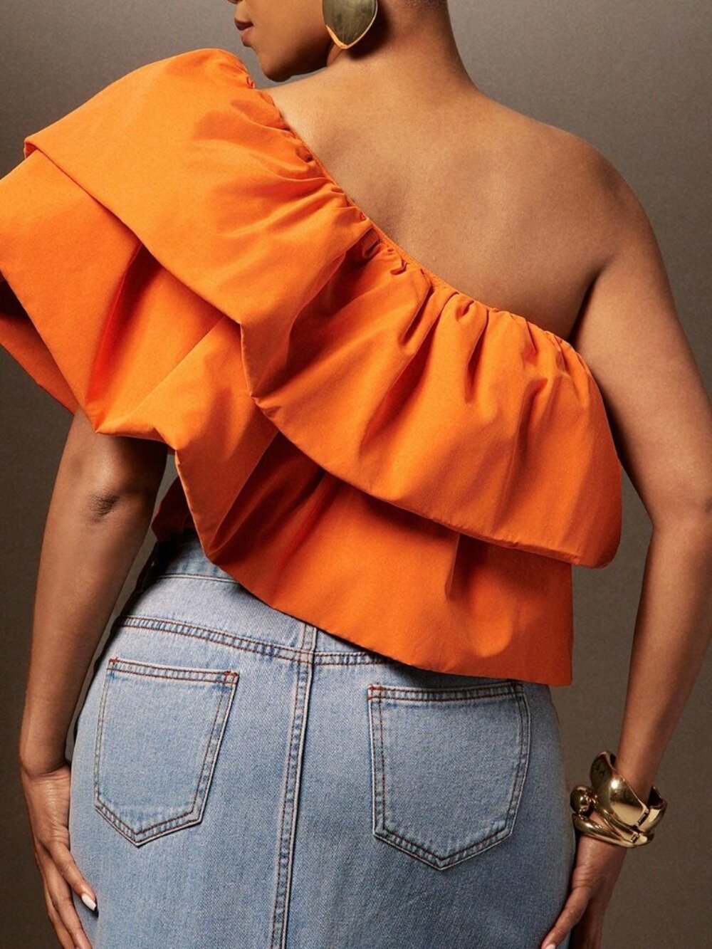 Orange Party Women's Slim Fit Asymmetrical Cloak Sleeve One Shoulder Top - Picture 2 of 5
